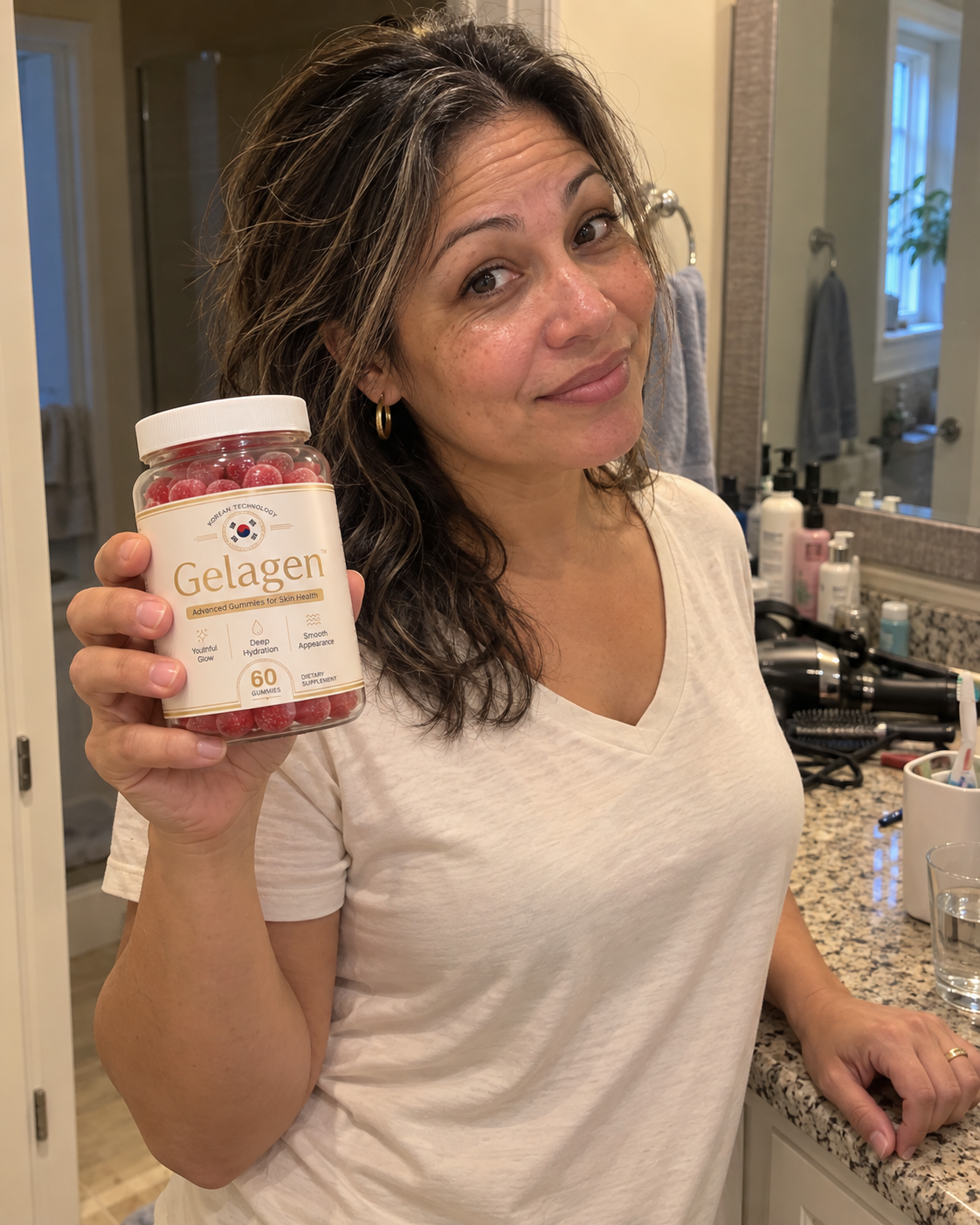 Woman holding a jar of Gelagen gummies in her bathroom