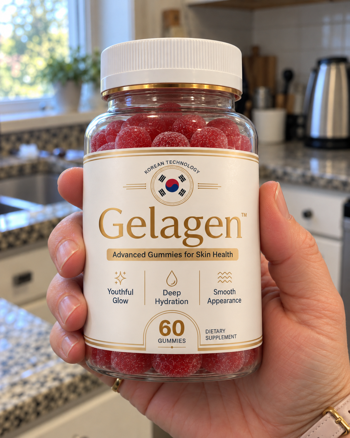 A jar of Gelagen gummies in a kitchen
