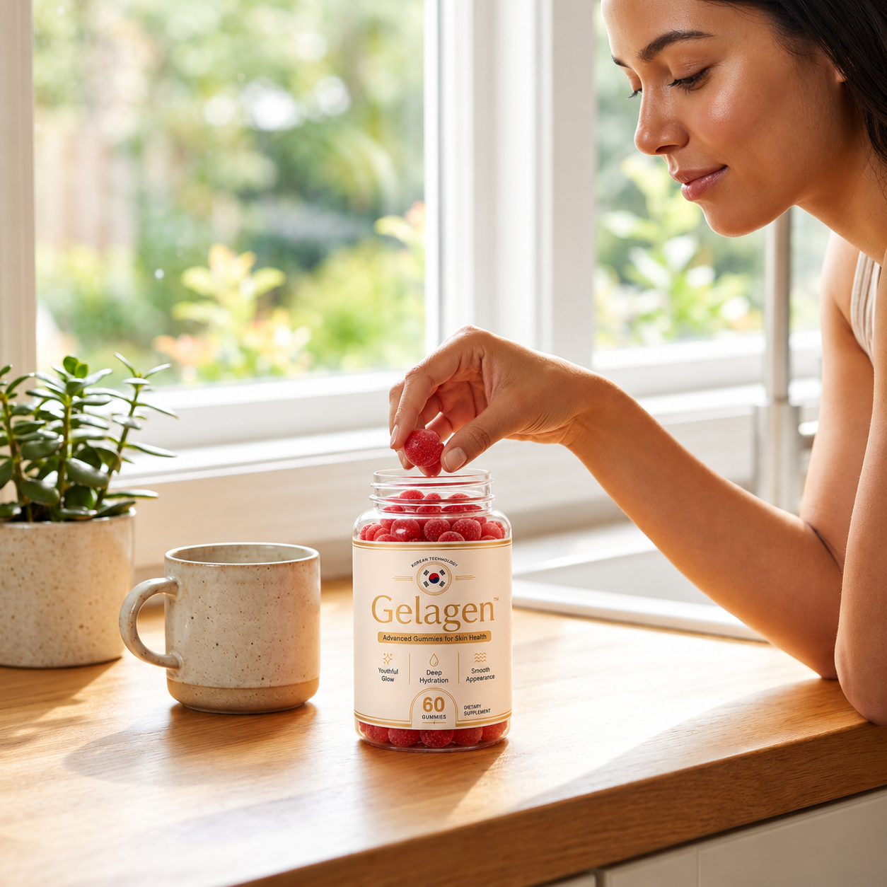 Woman taking a Gelagen gummy from the jar in a sunlit kitchen